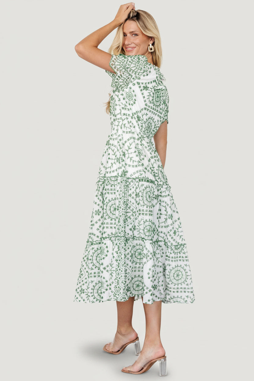 Mirabel Eyelet Midi Dress White & Green | Baltic Born L Mirabel Eyelet Midi Dress White & Green | Baltic Born L