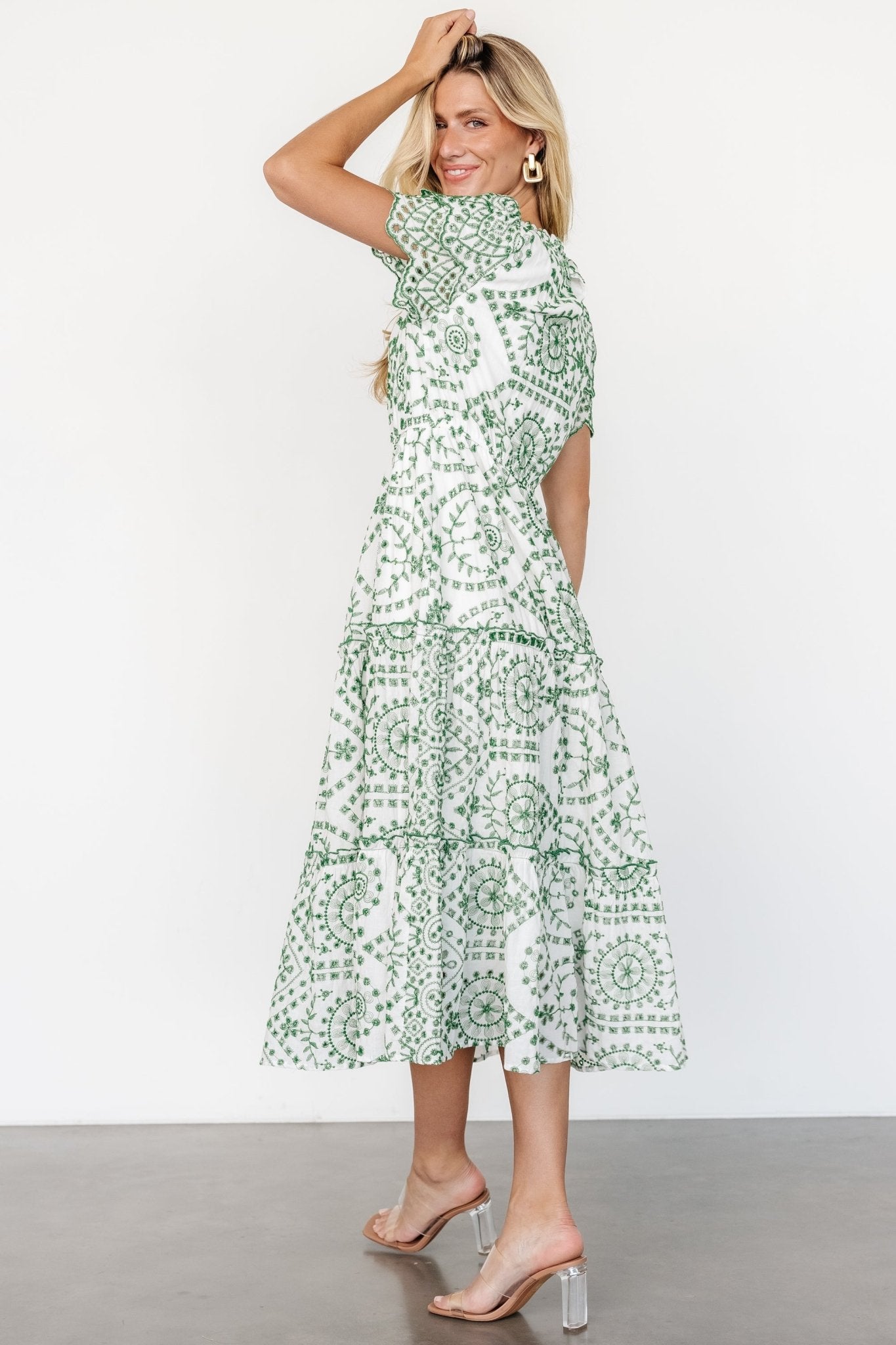 Mirabel Eyelet Midi Dress | White + Green - Baltic Born