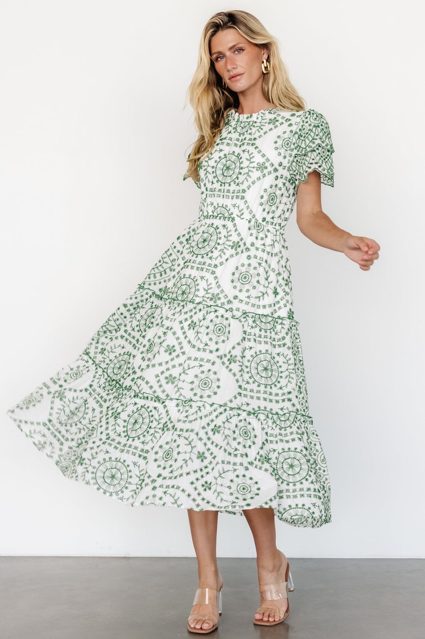 Mirabel Eyelet Midi Dress | White + Green - Baltic Born