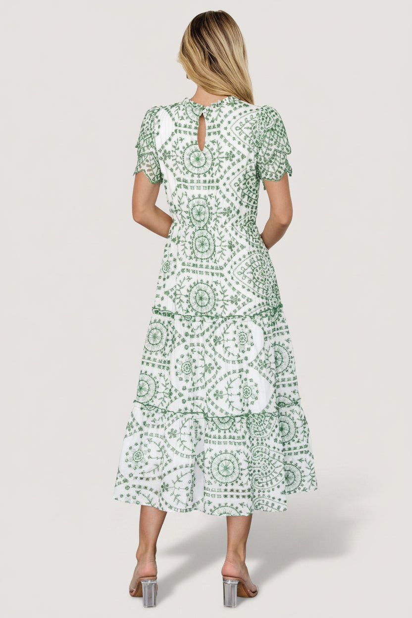 Baltic Born Womens Mirabel Eyelet Midi Dress | White + Green