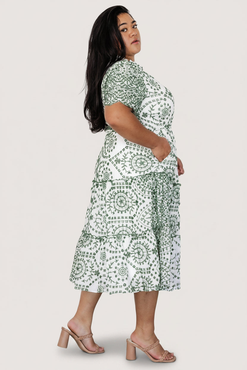 Mirabel Eyelet Midi Dress White & Green | Baltic Born L Mirabel Eyelet Midi Dress White & Green | Baltic Born L