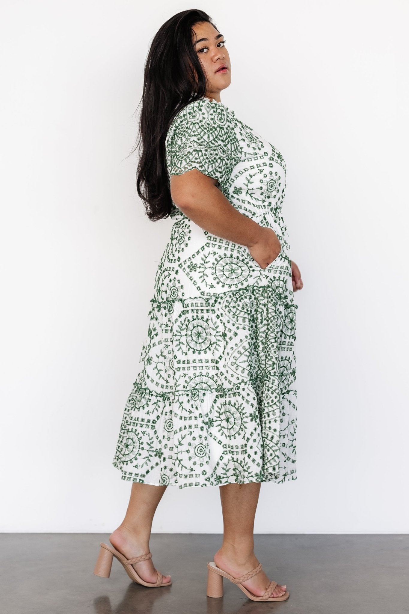 Baltic Born Womens Mirabel Eyelet Midi Dress | White + Green | Size: Large Baltic Born Womens Mirabel Eyelet Midi Dress | White + Green | Size: Large