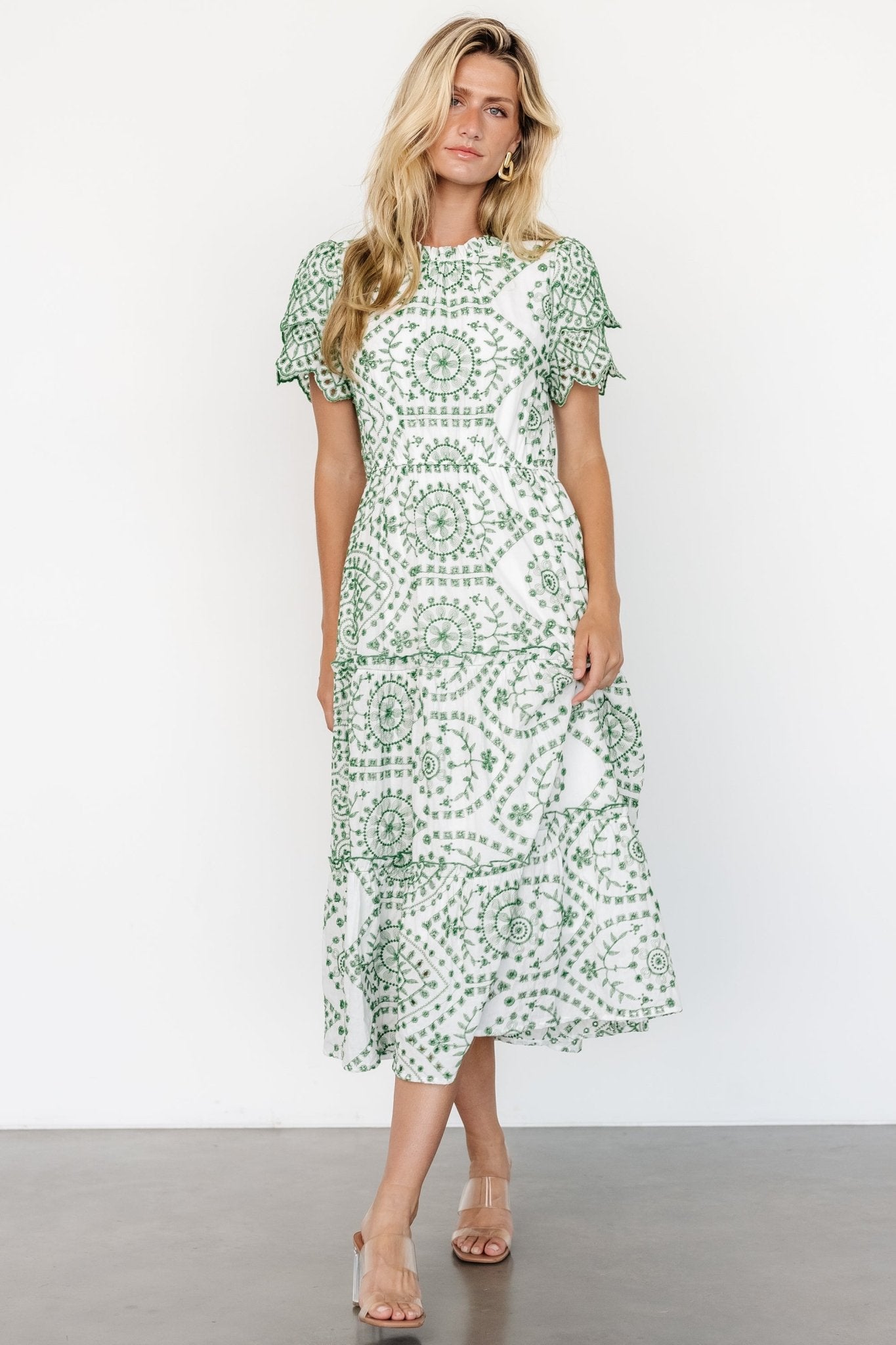 Mirabel Eyelet Midi Dress | White + Green - Baltic Born