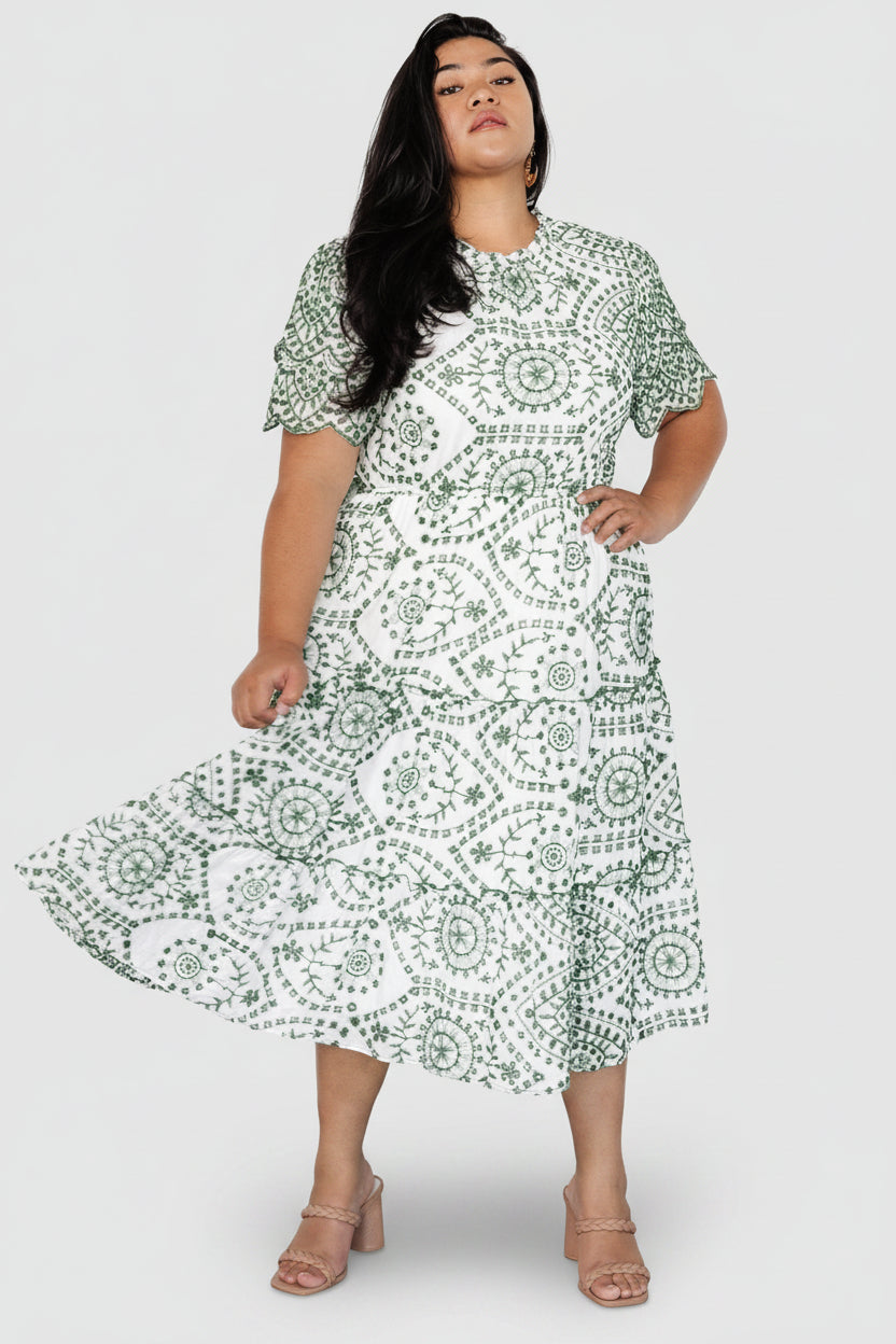 Baltic Born Womens Mirabel Eyelet Midi Dress | White + Green | Size: Large Baltic Born Womens Mirabel Eyelet Midi Dress | White + Green | Size: Large