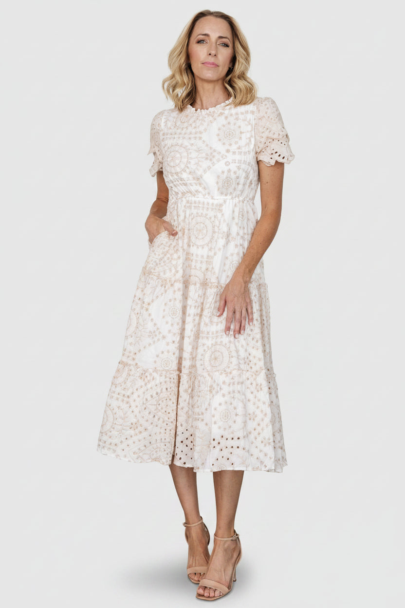 Baltic Born Womens Mirabel Eyelet Midi Dress | White + Natural