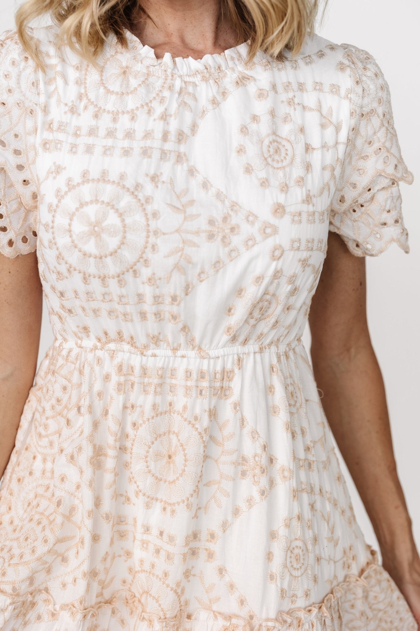 Baltic Born Womens Mirabel Eyelet Midi Dress | White + Natural | Size: Small Baltic Born Womens Mirabel Eyelet Midi Dress | White + Natural | Size: Small