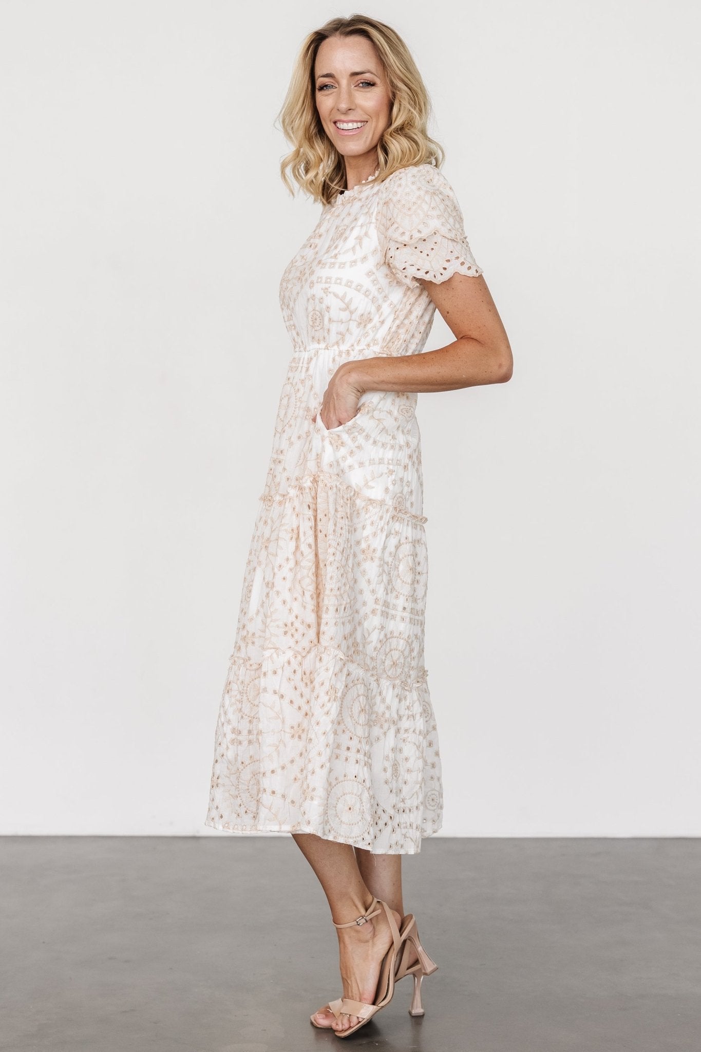 Mirabel Eyelet Midi Dress | White + Natural - Baltic Born