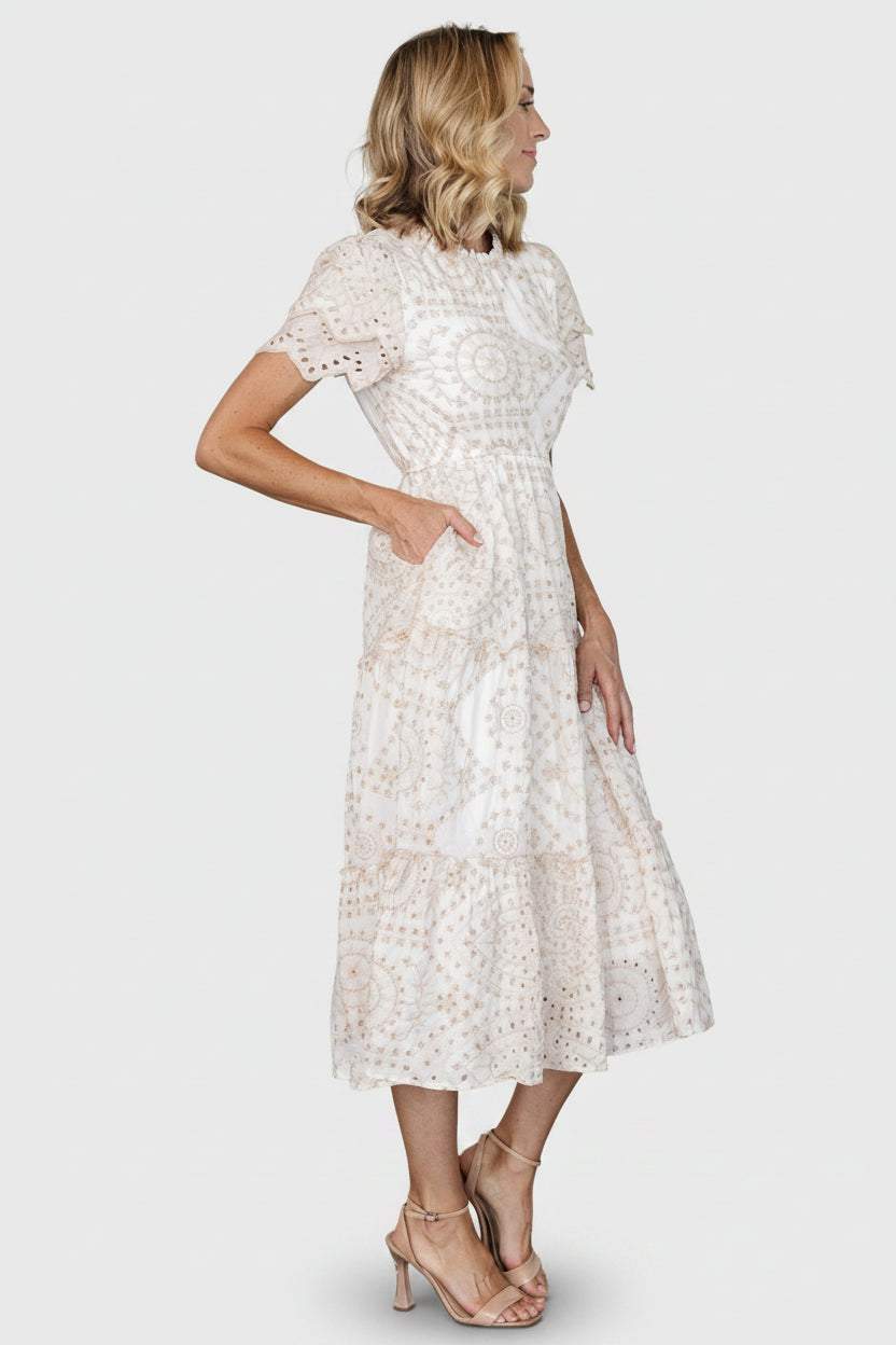 Mirabel Eyelet Midi Dress White & Natural | Baltic Born S Mirabel Eyelet Midi Dress White & Natural | Baltic Born S