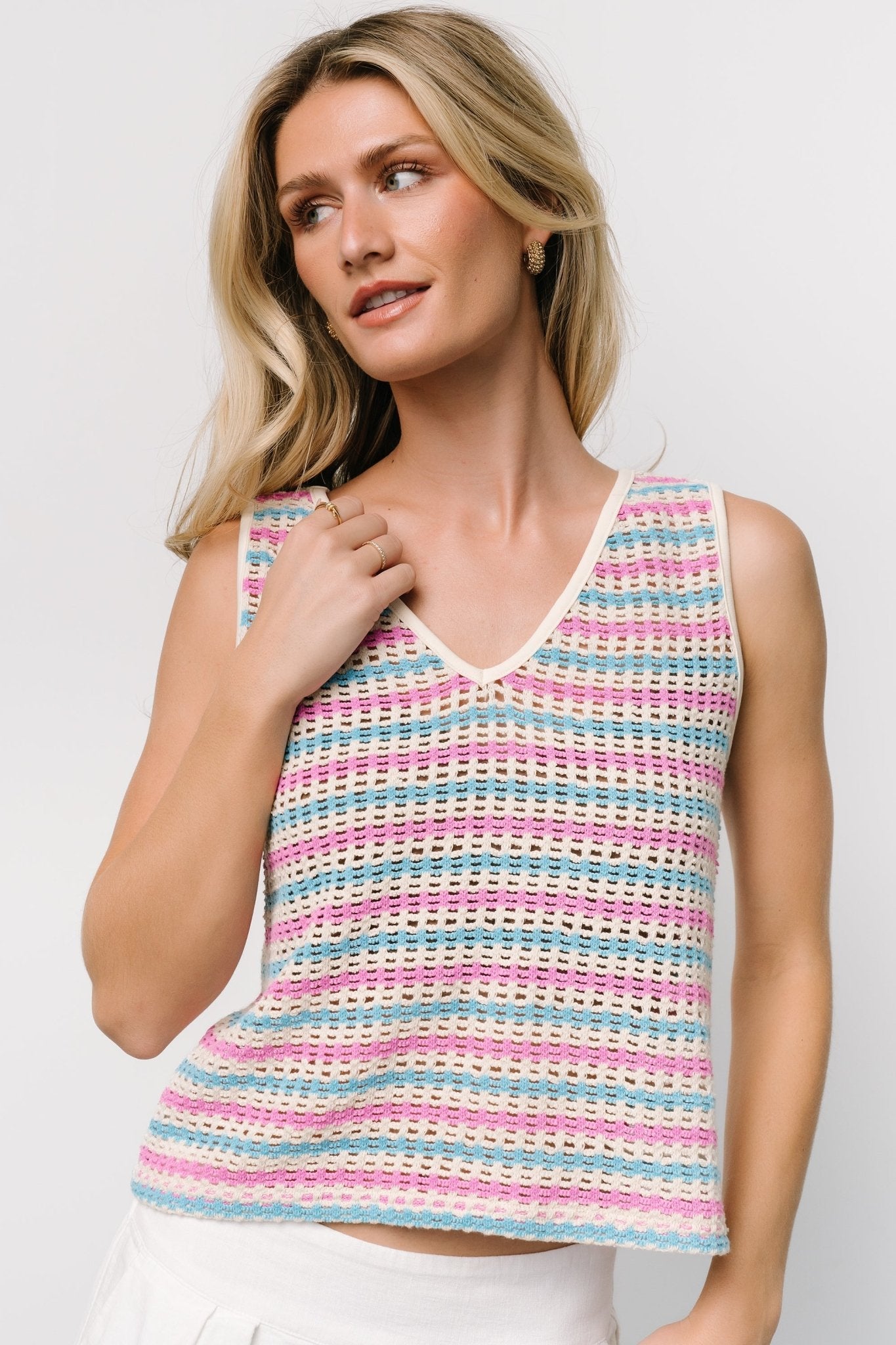 Mirella Open Knit Top | Blue + Pink Stripe - Baltic Born