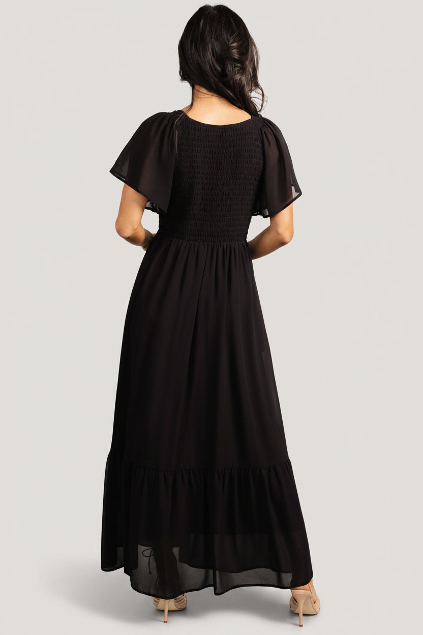 Monica Smocked Maxi Dress Black Chiffon | Baltic Born Monica Smocked Maxi Dress Black Chiffon | Baltic Born
