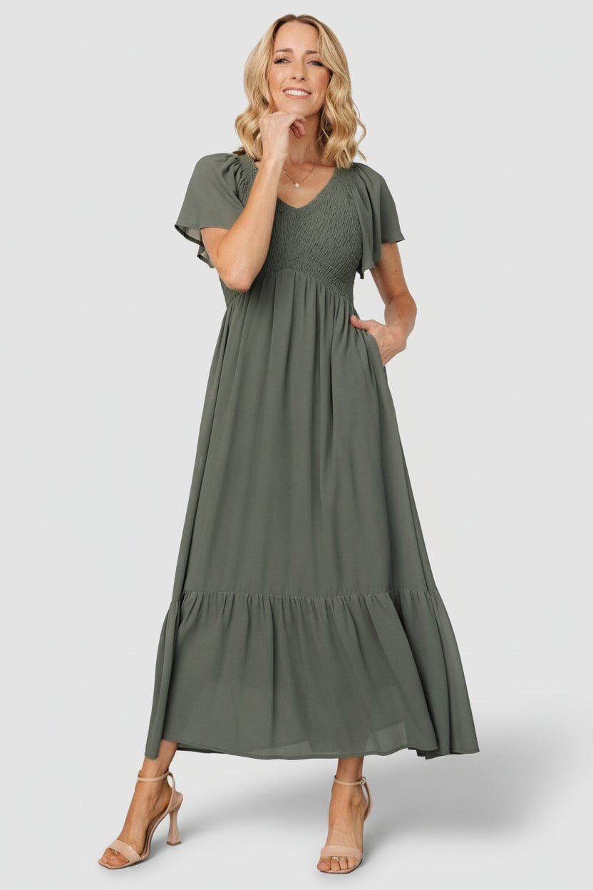 Monica Smocked Dress | Dark Sage