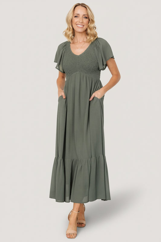 Monica Smocked Dress | Dark Sage