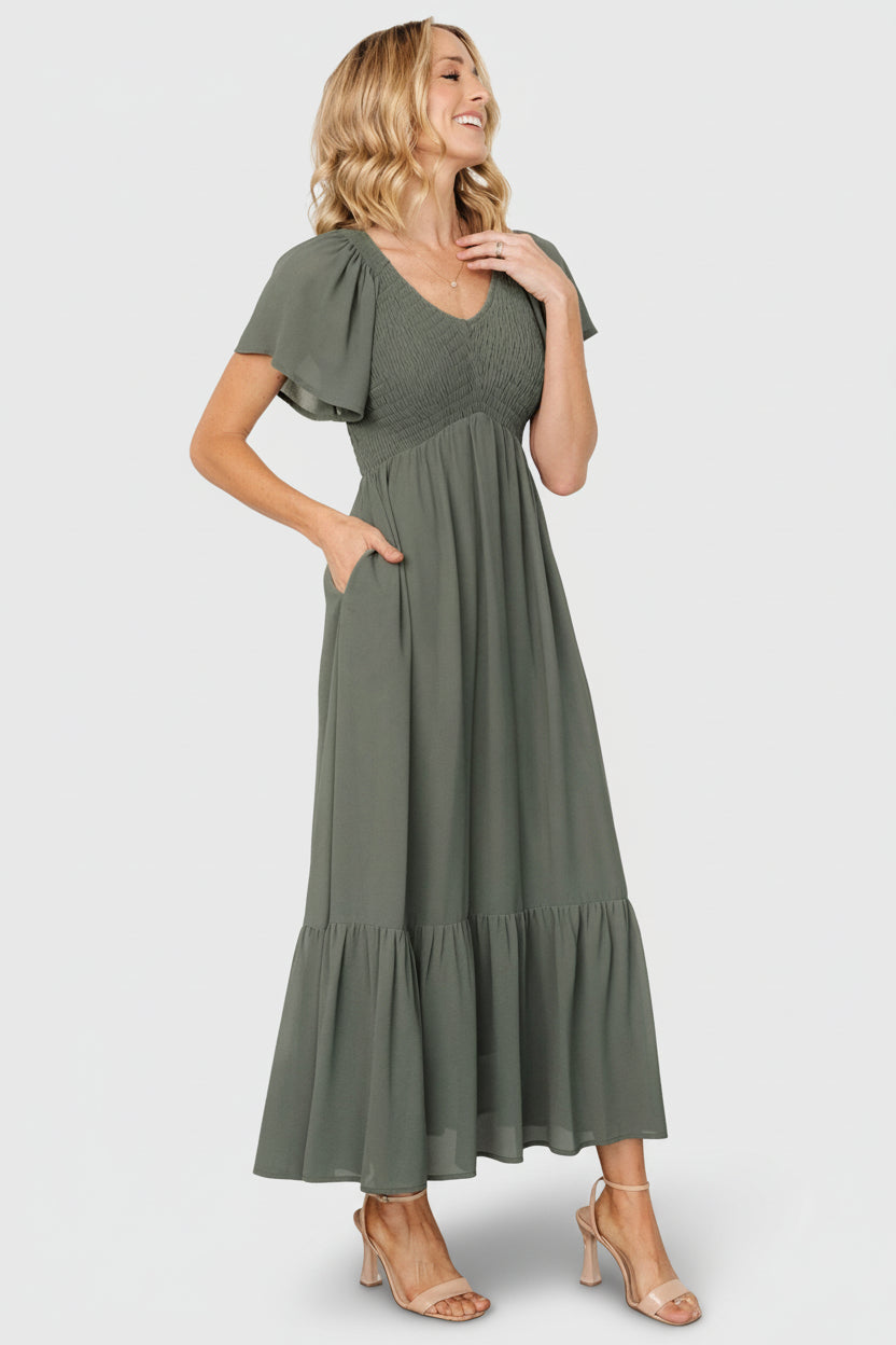 Baltic Born Womens Monica Smocked Dress | Dark Sage | Size: XS Baltic Born Womens Monica Smocked Dress | Dark Sage | Size: XS