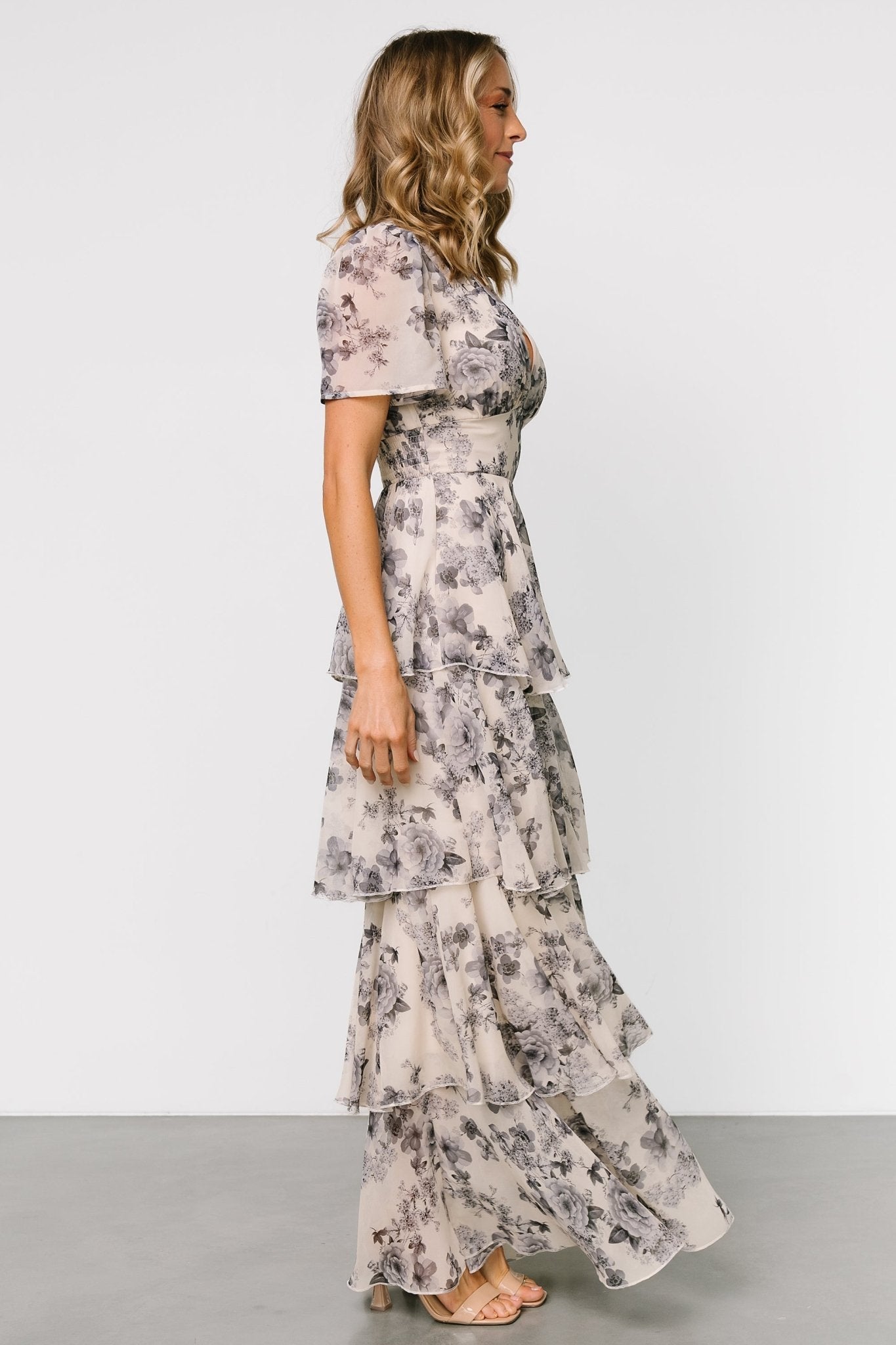 Montaigne Ruffle Maxi Dress | Beige + Slate Floral - Baltic Born