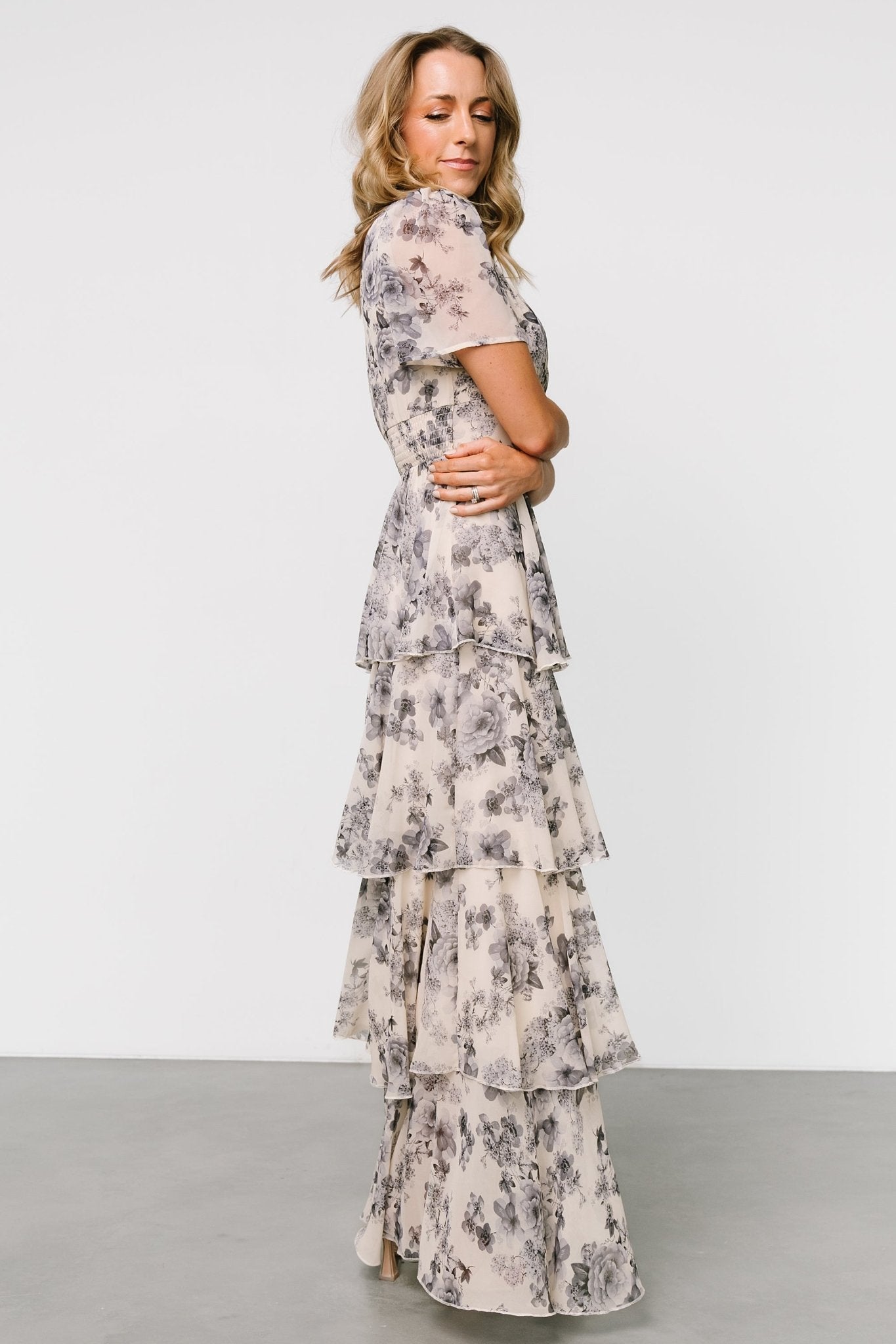 Montaigne Ruffle Maxi Dress | Beige + Slate Floral - Baltic Born