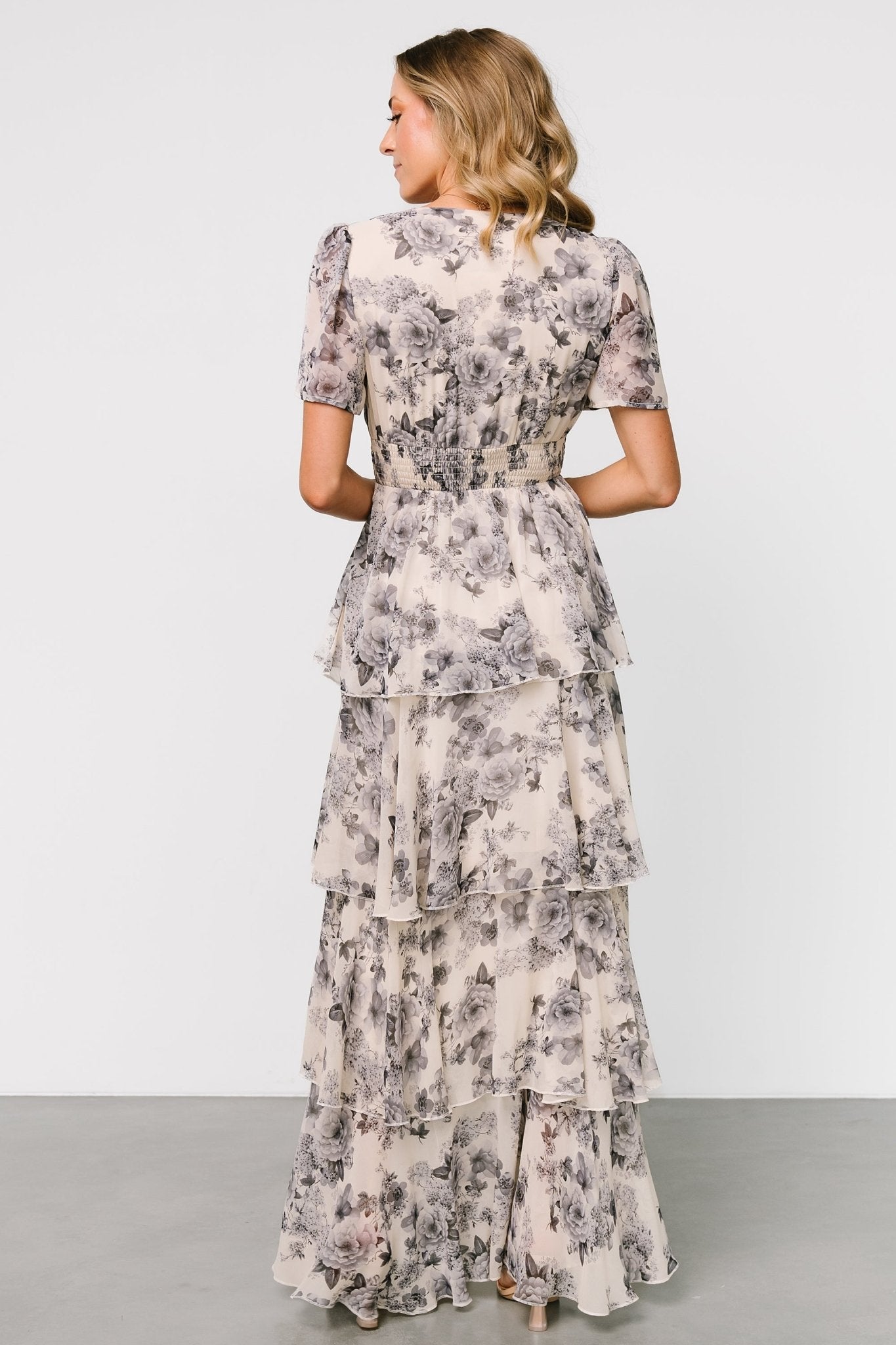 Montaigne Ruffle Maxi Dress | Beige + Slate Floral - Baltic Born