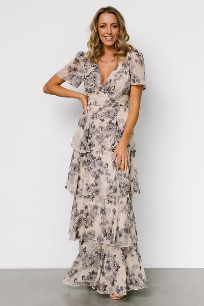 Montaigne Ruffle Maxi Dress | Beige + Slate Floral - Baltic Born