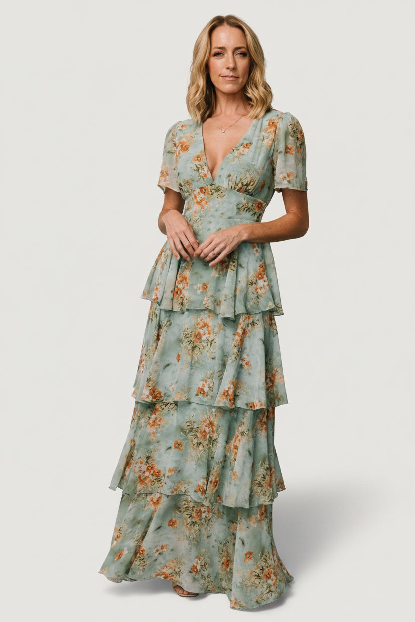 Montaigne Ruffle Maxi Dress Blue Sage Floral | Baltic Born XS Montaigne Ruffle Maxi Dress Blue Sage Floral | Baltic Born XS