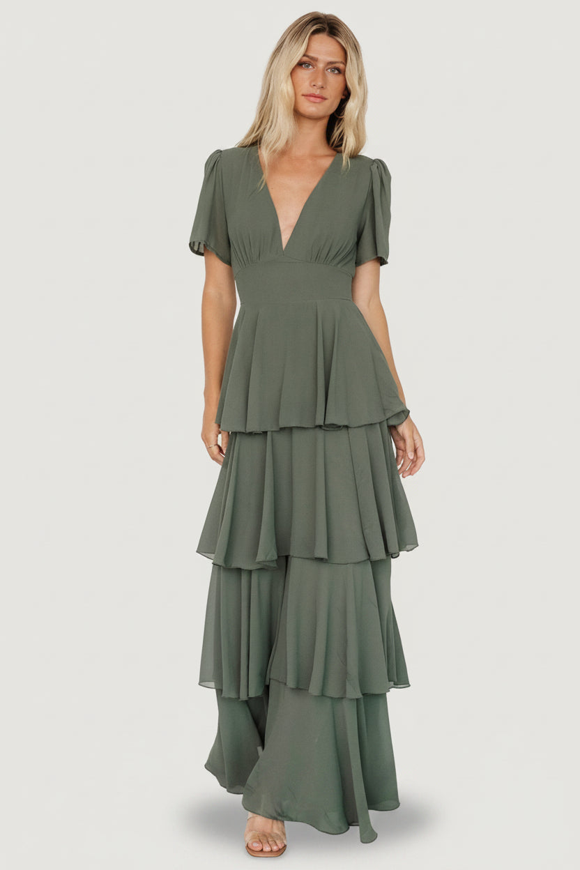 Baltic Born Womens Montaigne Ruffle Maxi Dress | Dark Sage
