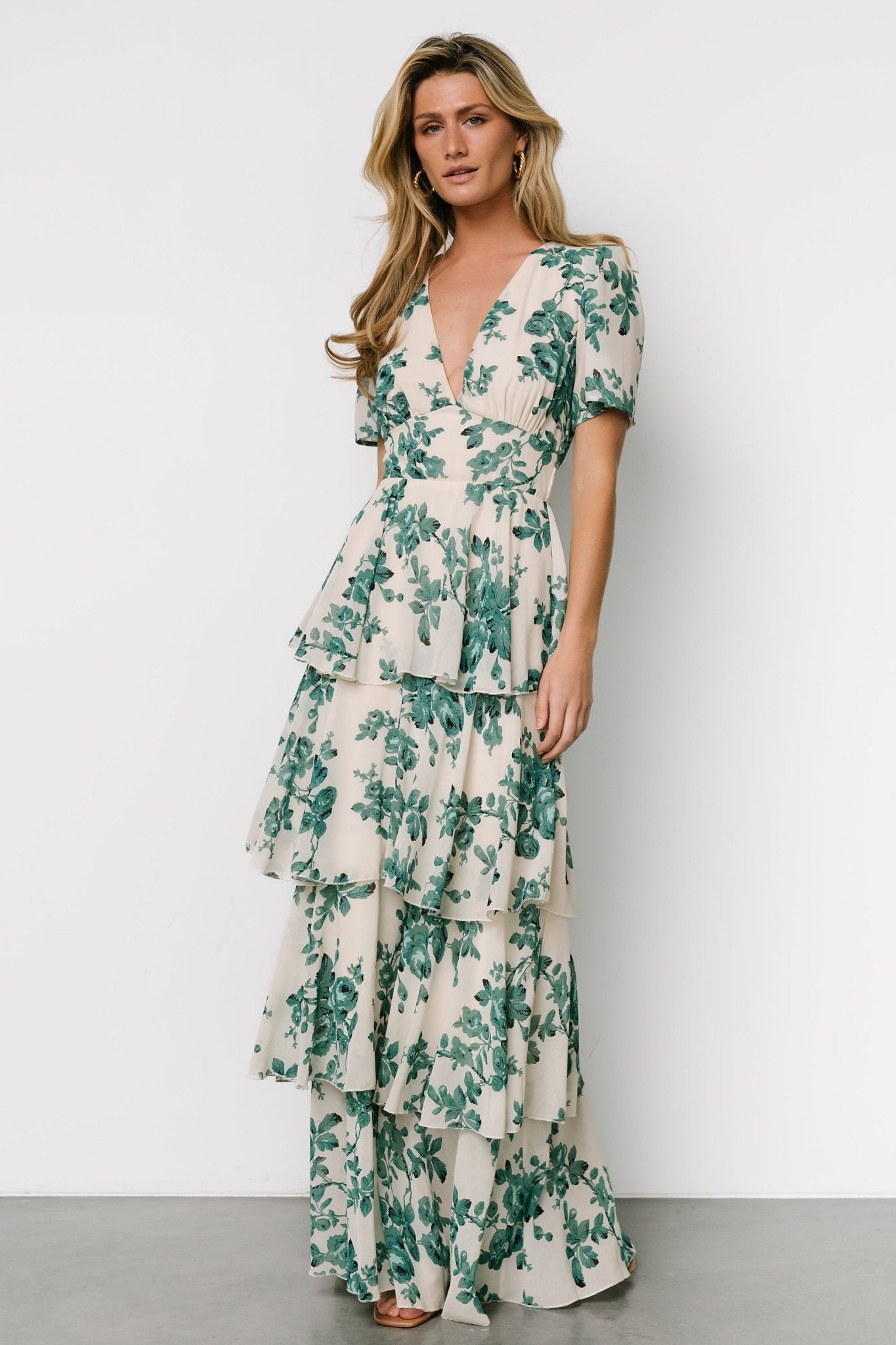 Montaigne Ruffle Maxi Dress Ivory Green Floral - Main Image