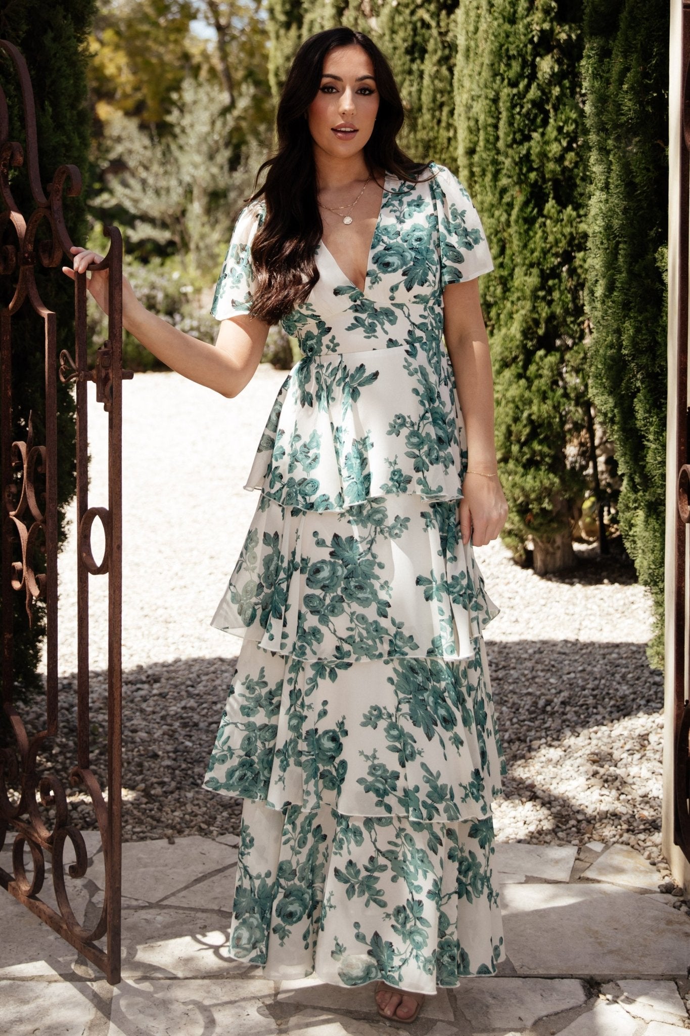 Baltic Born Womens Montaigne Ruffle Maxi Dress | Ivory + Green Floral