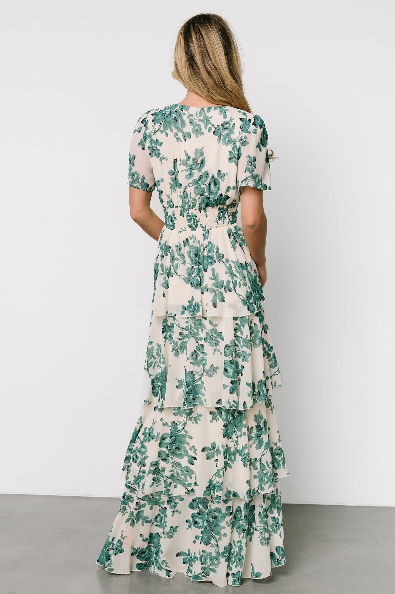 Three Floor Ruffled Neck Hansen Green Floral Tiered Maxi Long Sleeve offers Dress