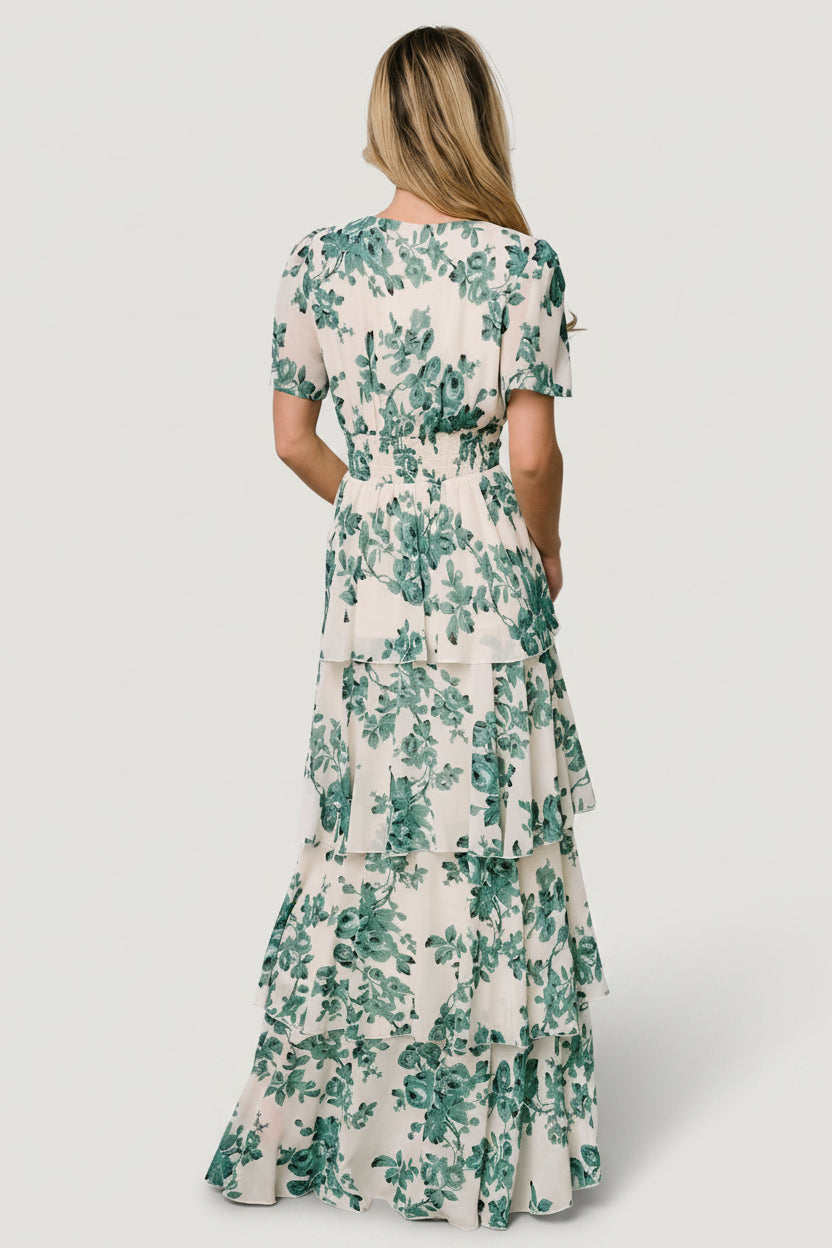 Baltic Born Womens Montaigne Ruffle Maxi Dress | Ivory + Green Floral | Size: Small Baltic Born Womens Montaigne Ruffle Maxi Dress | Ivory + Green Floral | Size: Small