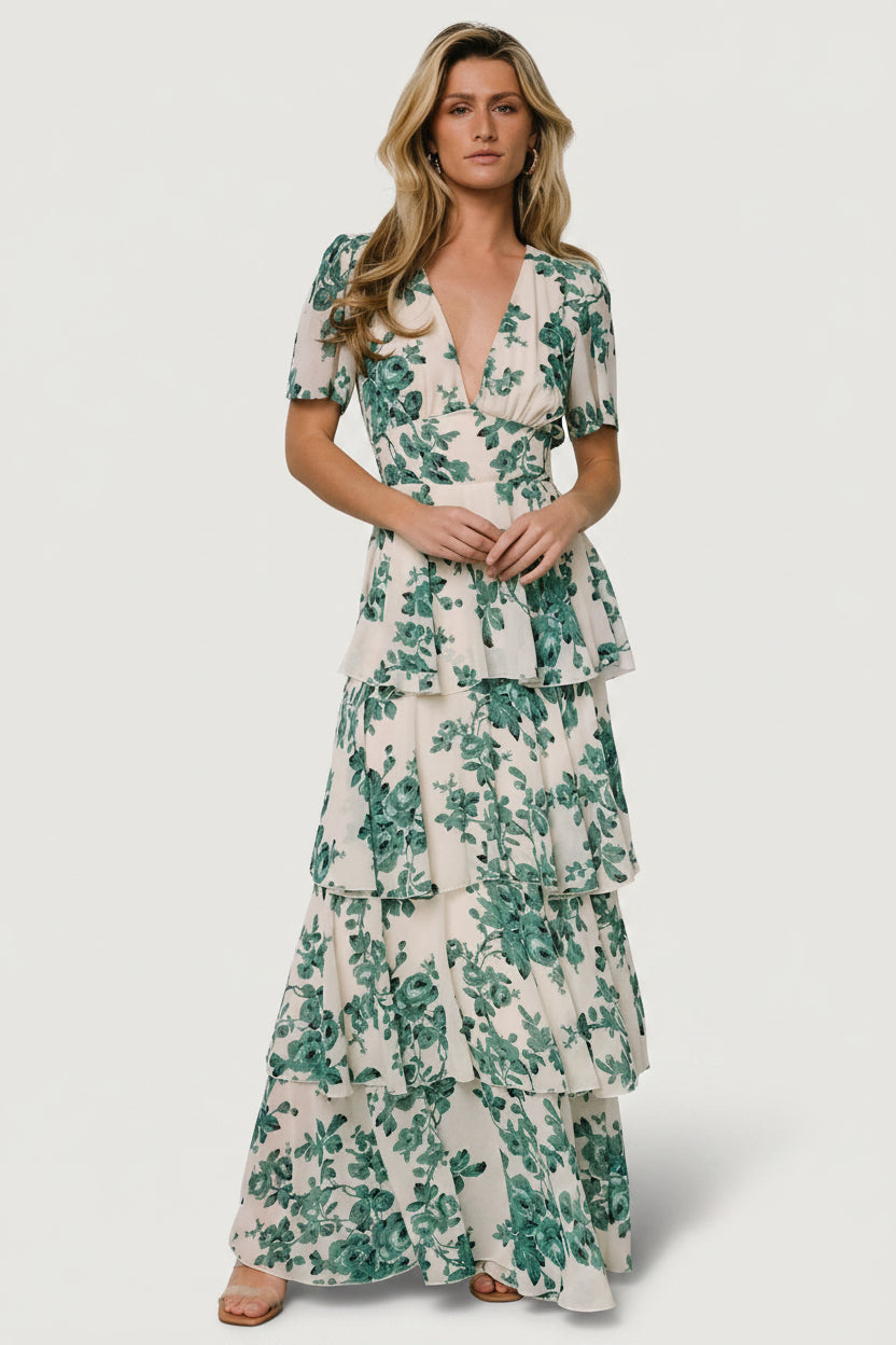 Montaigne Ruffle Maxi Dress | Ivory + Green Floral Montaigne Ruffle Maxi Dress | Ivory + Green Floral