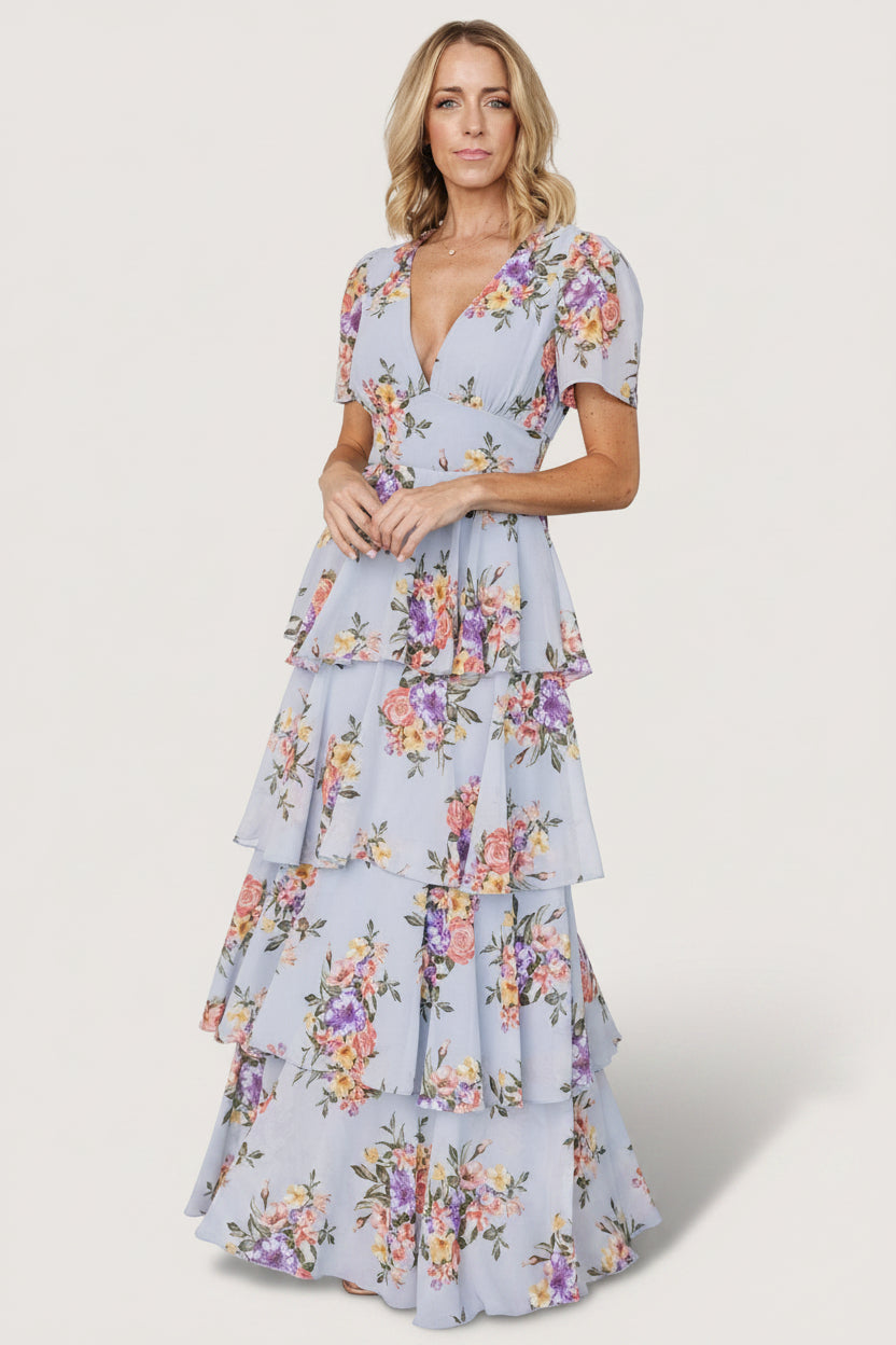 Montaigne Ruffle Maxi Dress Light Blue Floral | Baltic Born Xs Montaigne Ruffle Maxi Dress Light Blue Floral | Baltic Born Xs