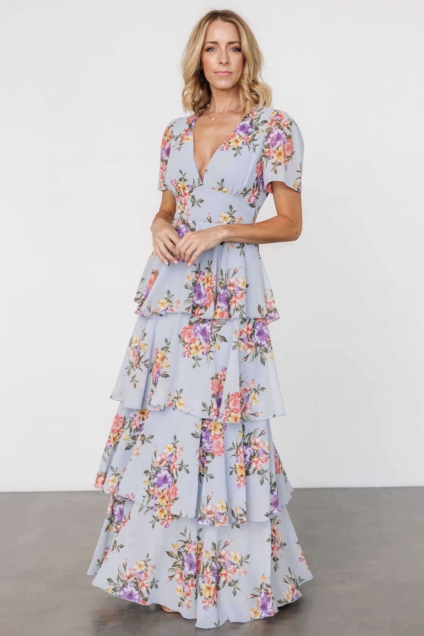 Montaigne Ruffle Maxi Dress | Light Blue Floral - Baltic Born