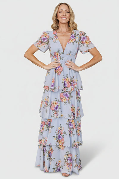 white christmas dresses Montaigne Ruffle Maxi Dress Light Blue Floral