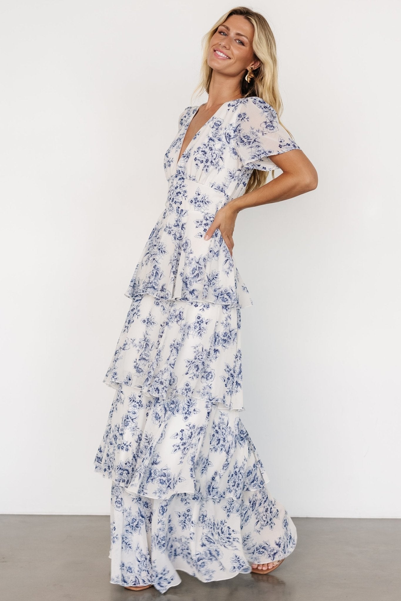 Montaigne Ruffle Maxi Dress | Off White + Blue - Baltic Born