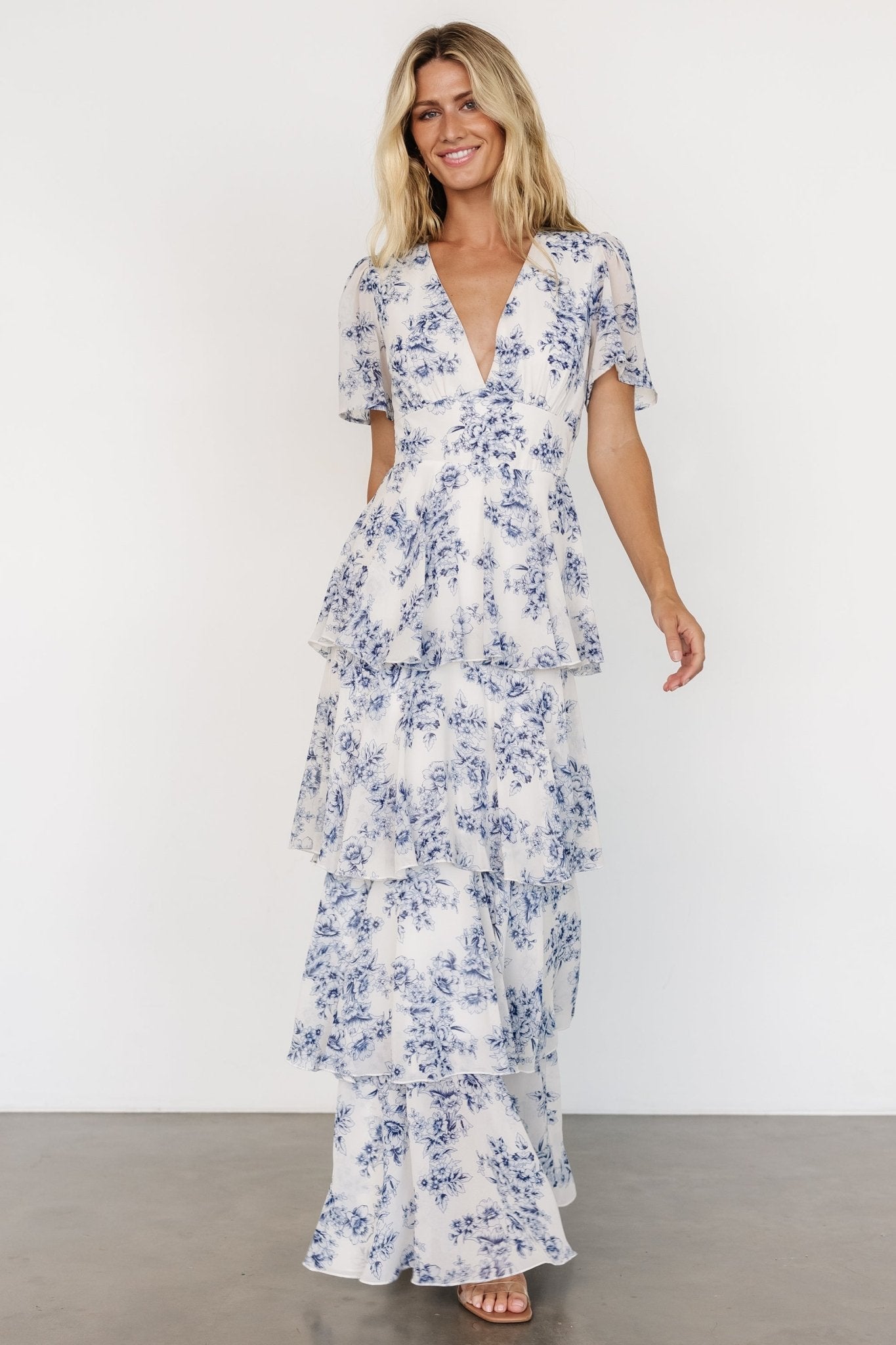 Montaigne Ruffle Maxi Dress | Off White + Blue - Baltic Born