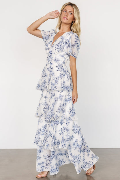 Montaigne Ruffle Maxi Dress | Off White + Blue - Baltic Born