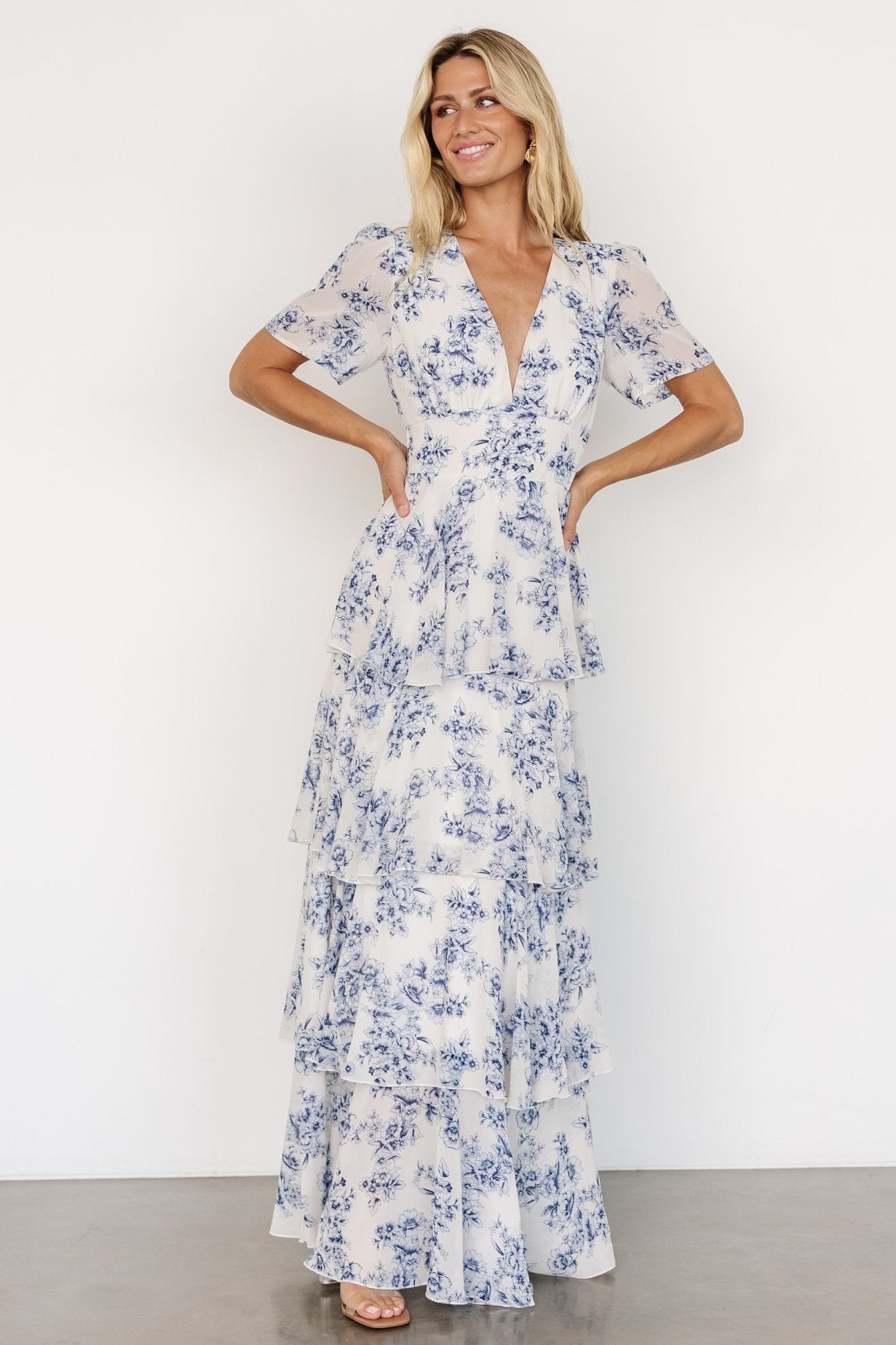 Montaigne Ruffle Maxi Dress | Off White + Blue - Baltic Born