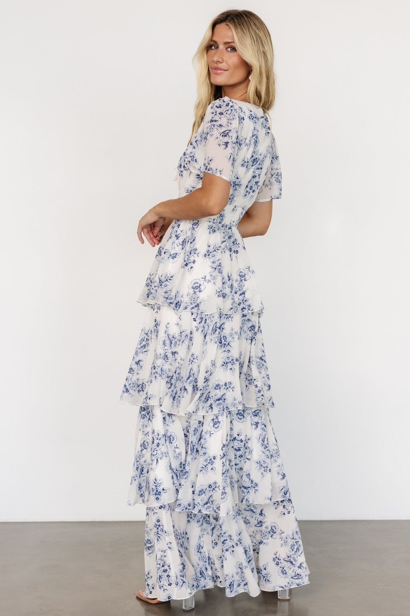 Montaigne Ruffle Maxi Dress | Off White + Blue - Baltic Born