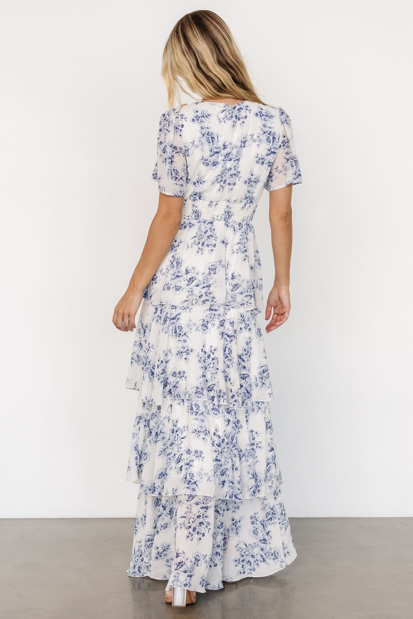 Montaigne Ruffle Maxi Dress | Off White + Blue - Baltic Born