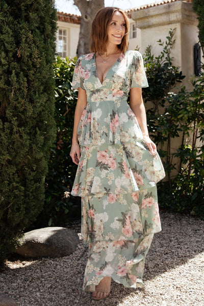green emerald velvet dress Montaigne Ruffle Maxi Dress - Sage Floral Maxi