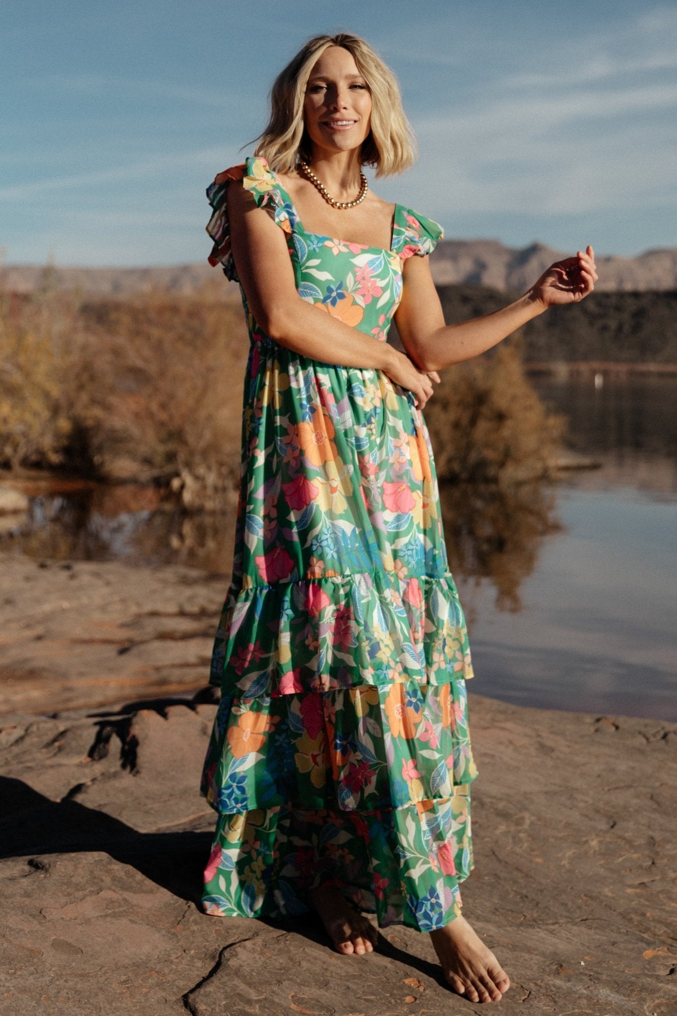 Baltic Born Womens Monte Tiered Maxi Dress | Green Multi
