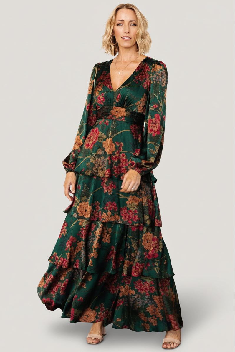 Baltic Born Womens Montrouge Tiered Satin Dress | Emerald Floral | Size: Small Baltic Born Womens Montrouge Tiered Satin Dress | Emerald Floral | Size: Small