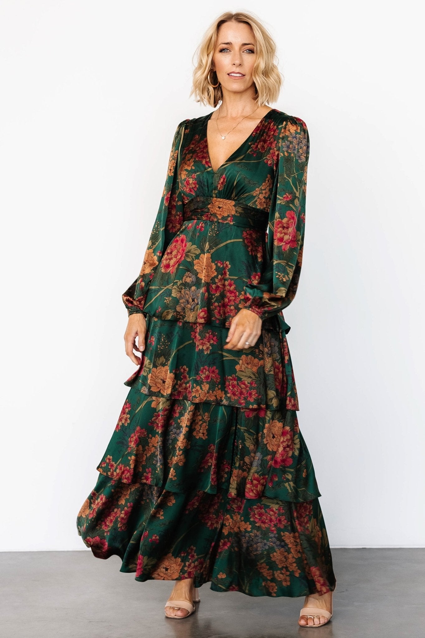 Montrouge Tiered Satin Dress | Emerald Floral - Baltic Born