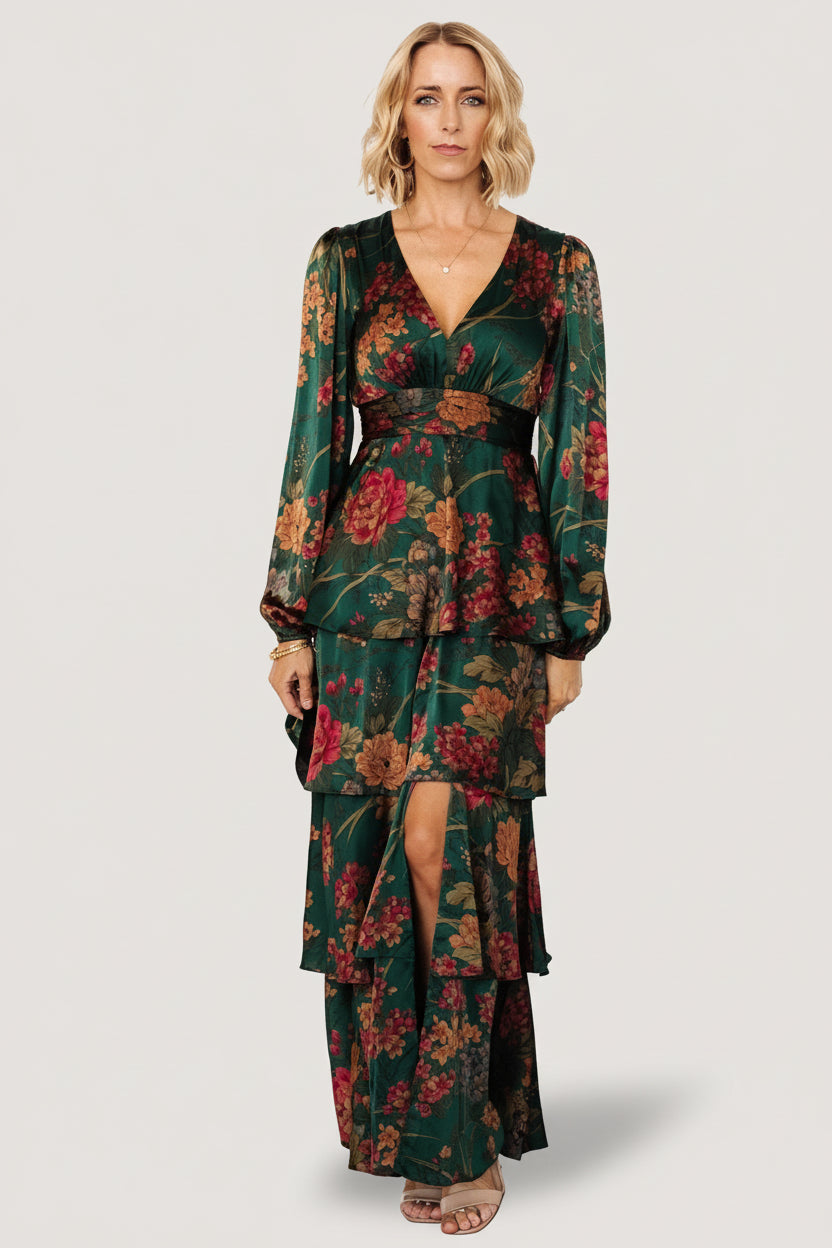 Baltic Born Womens Montrouge Tiered Satin Dress | Emerald Floral