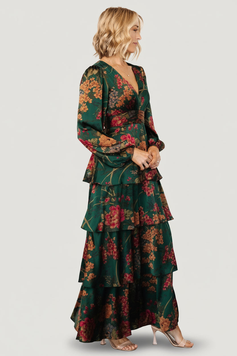 Montrouge Tiered Satin Dress | Emerald Floral