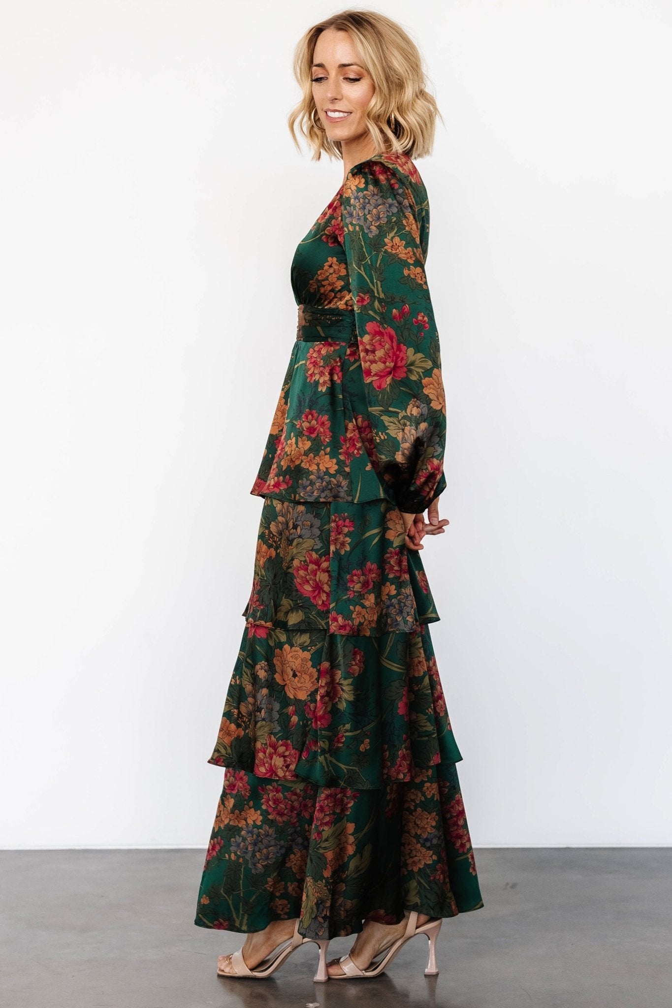 Montrouge Tiered Satin Dress | Emerald Floral - Baltic Born