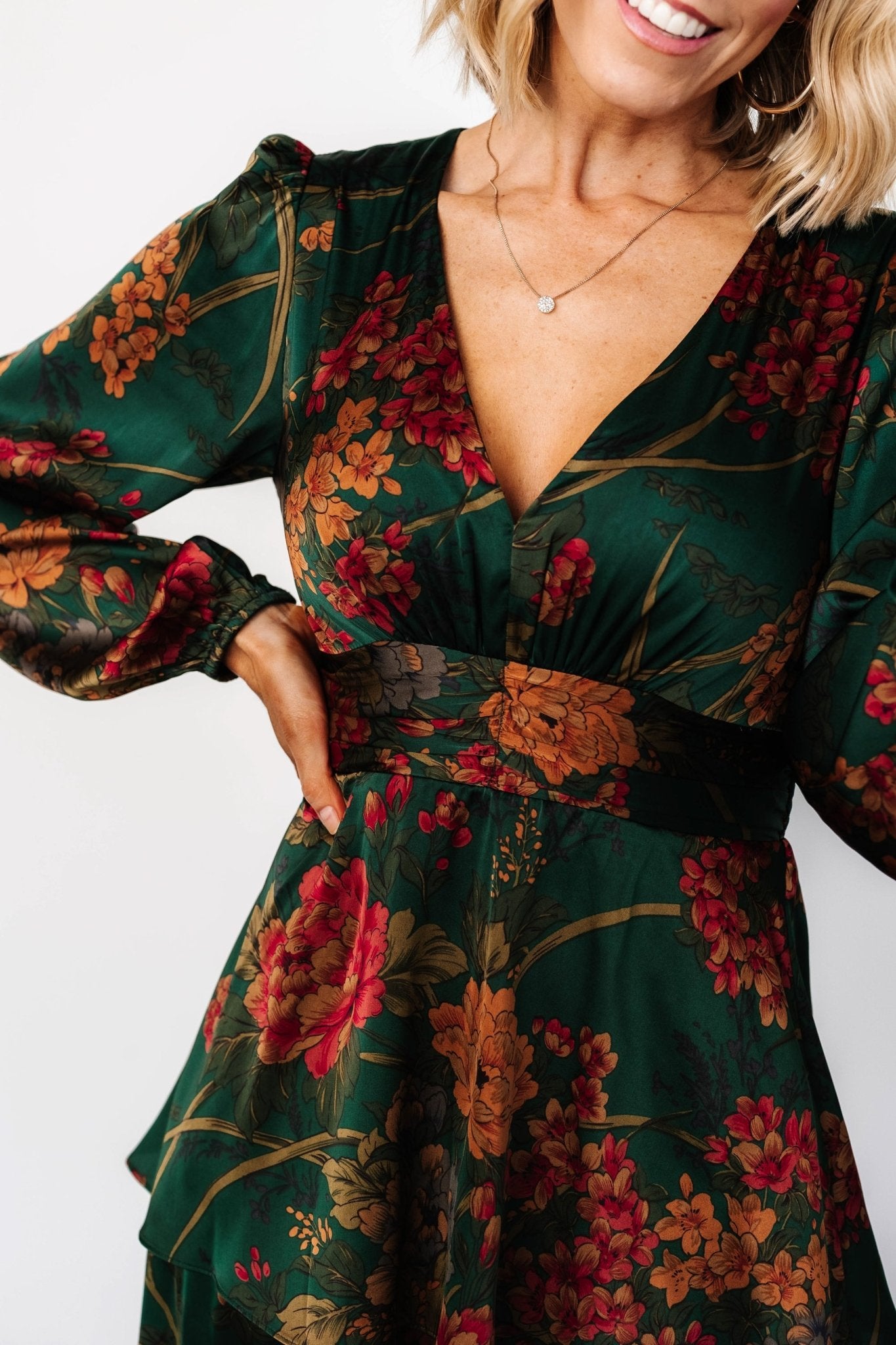 Baltic Born Womens Montrouge Tiered Satin Dress | Emerald Floral | Size: Small Baltic Born Womens Montrouge Tiered Satin Dress | Emerald Floral | Size: Small
