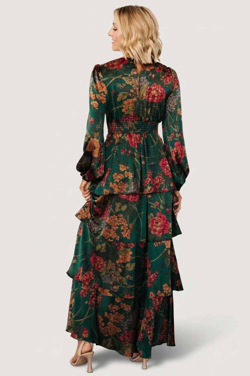 Montrouge Tiered Satin Dress | Emerald Floral