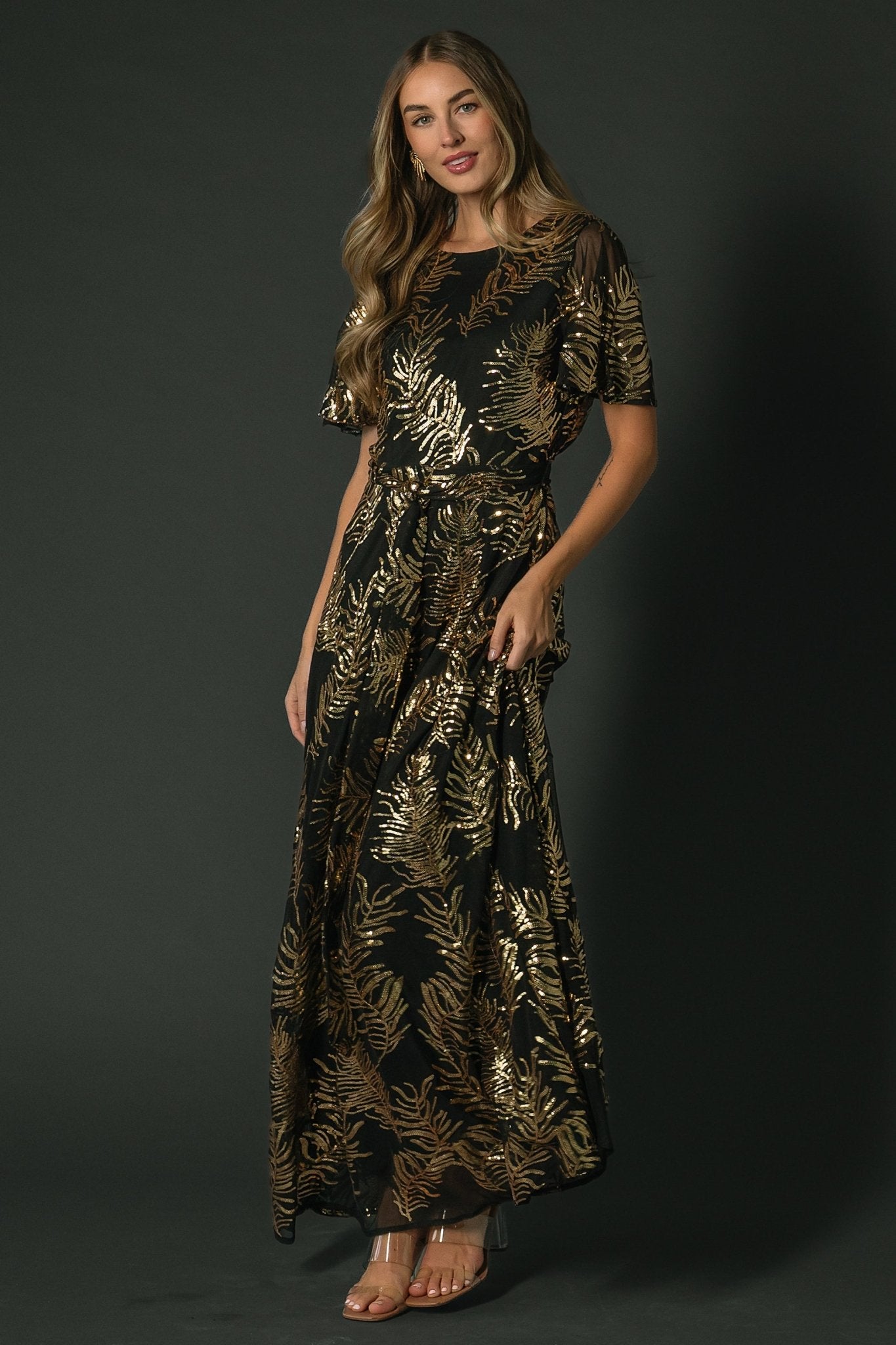 Baltic Born Womens Muse Sequin Maxi Dress | Black + Gold
