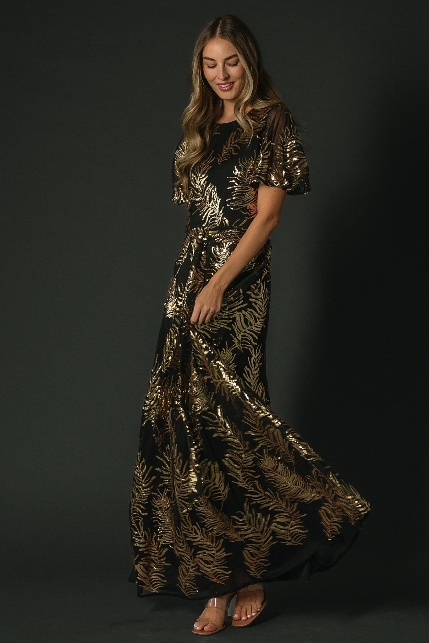 Sequin Rouch Maxi Dress Bronze