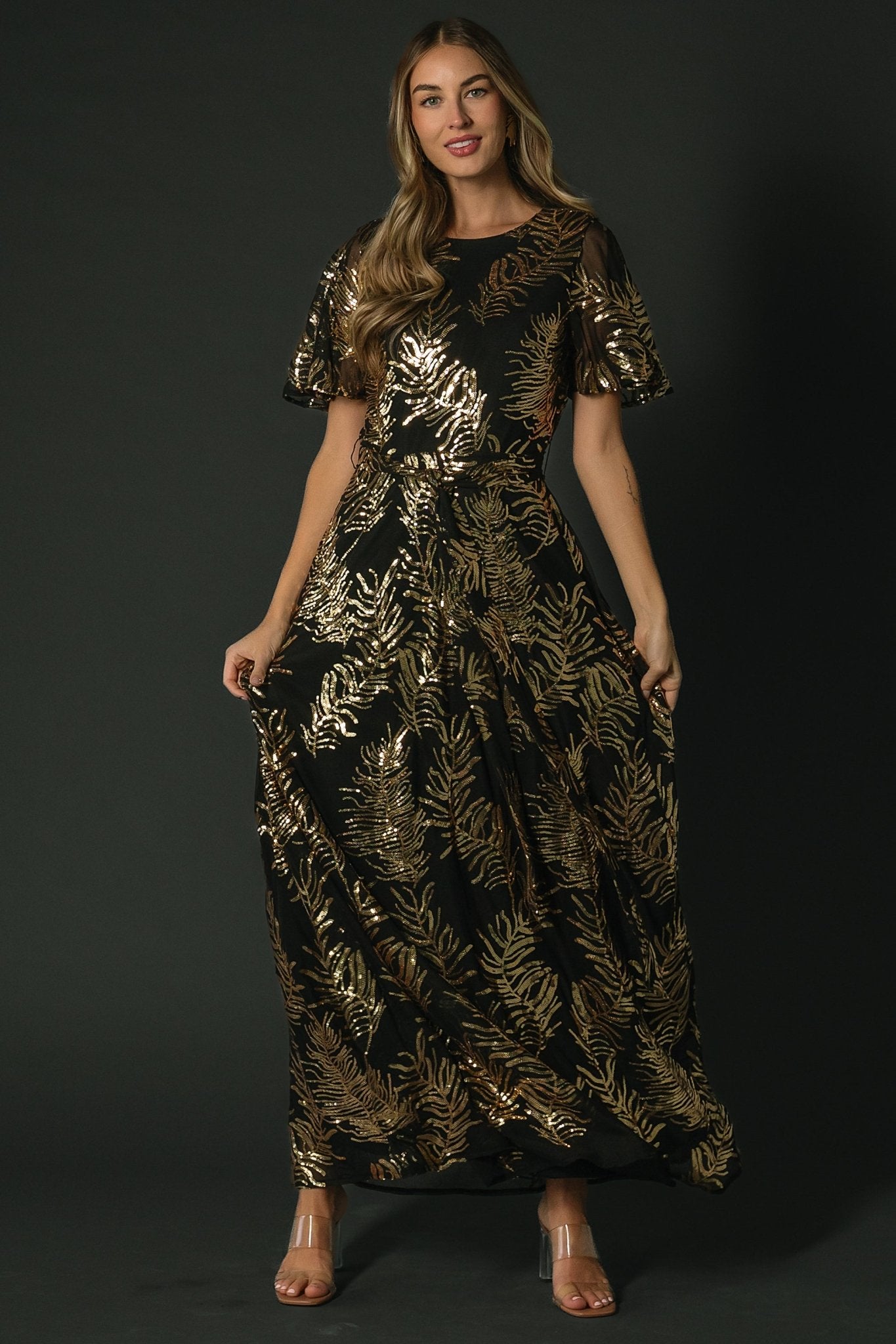 Baltic Born Womens Muse Sequin Maxi Dress | Black + Gold
