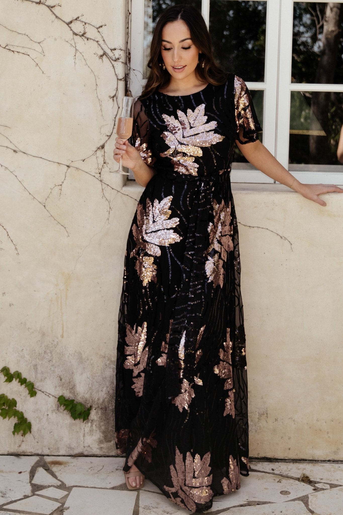 Sequin Rouch Maxi Dress Bronze B